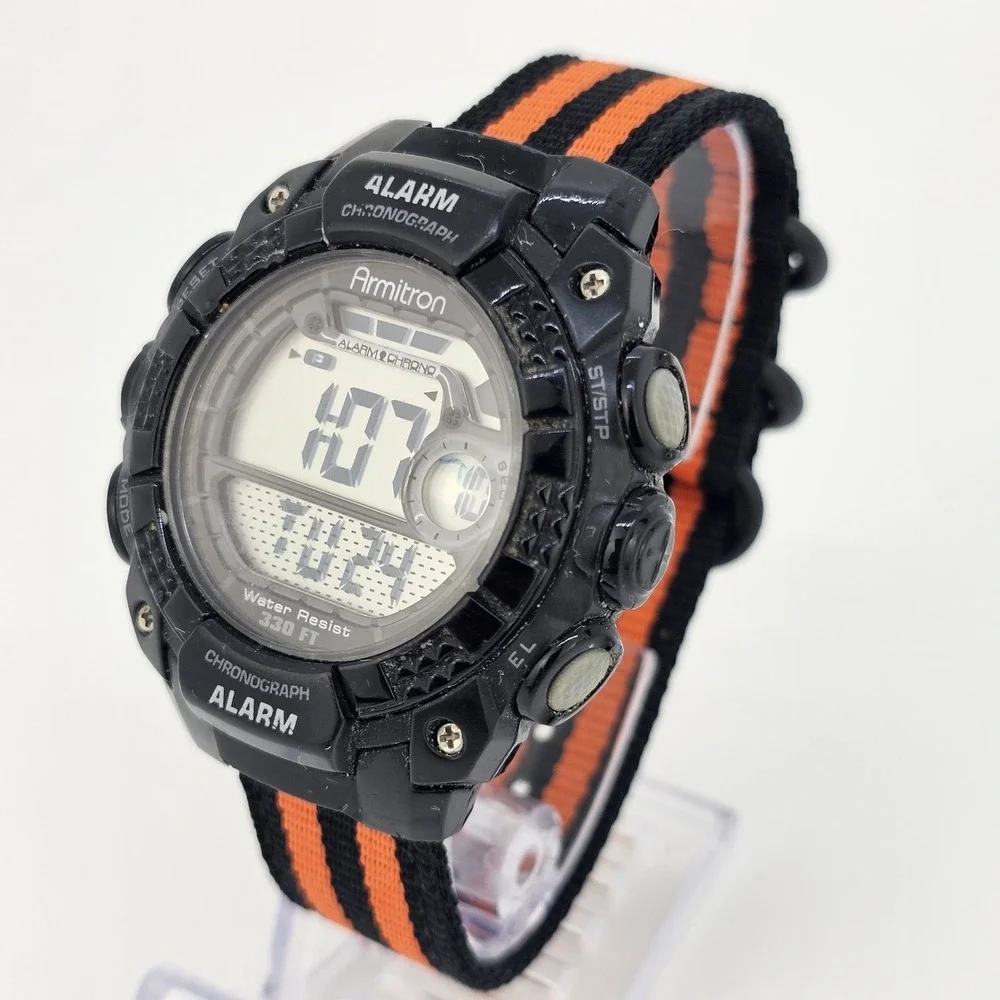 Armitron Men's Digital Sport Watch 48MM‎ Black Case NEW Orange Black Nylon Bands